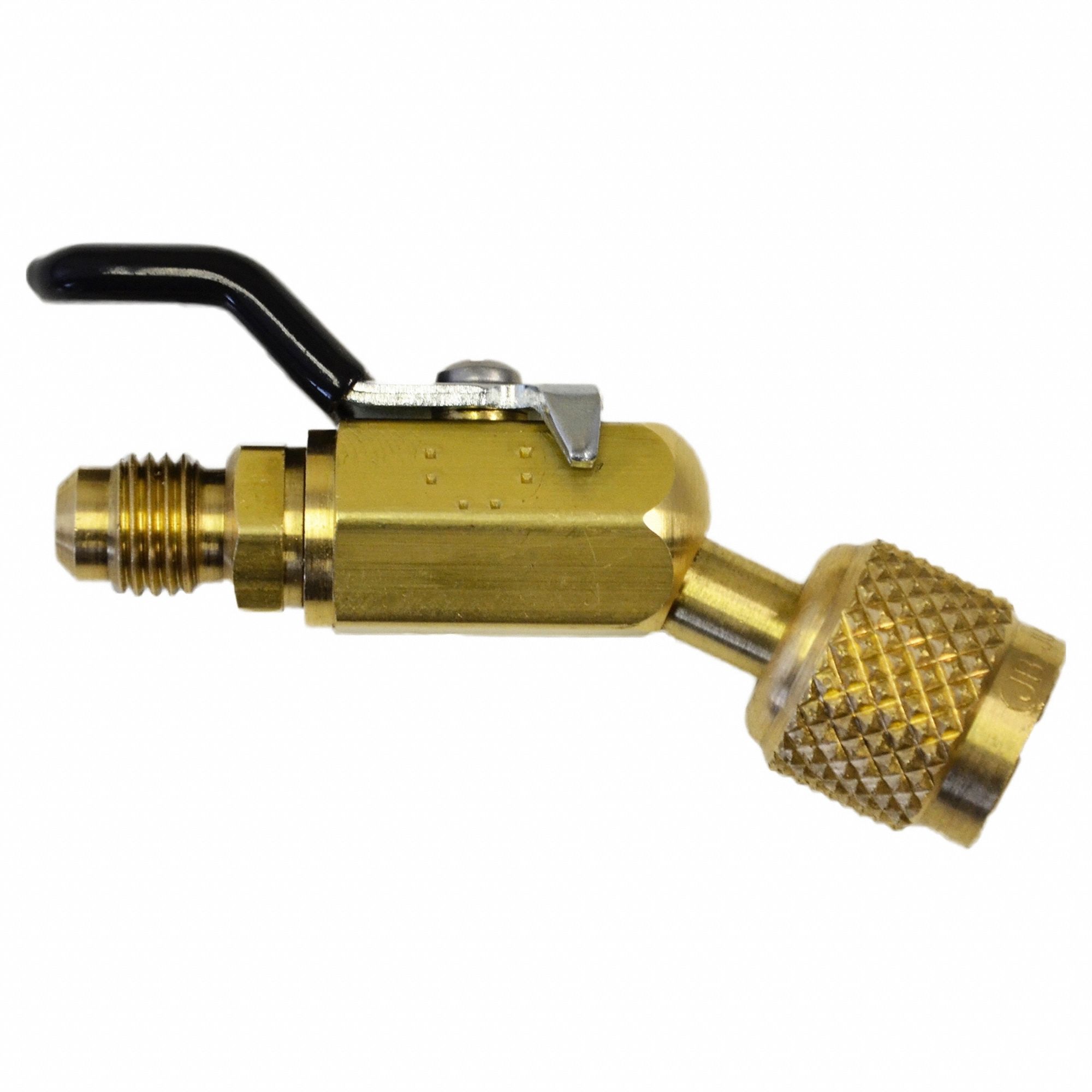 Mini Ball Valve: 3 in Lg, 45° Angle, Input 5/16 in Female SAE Right-Hand