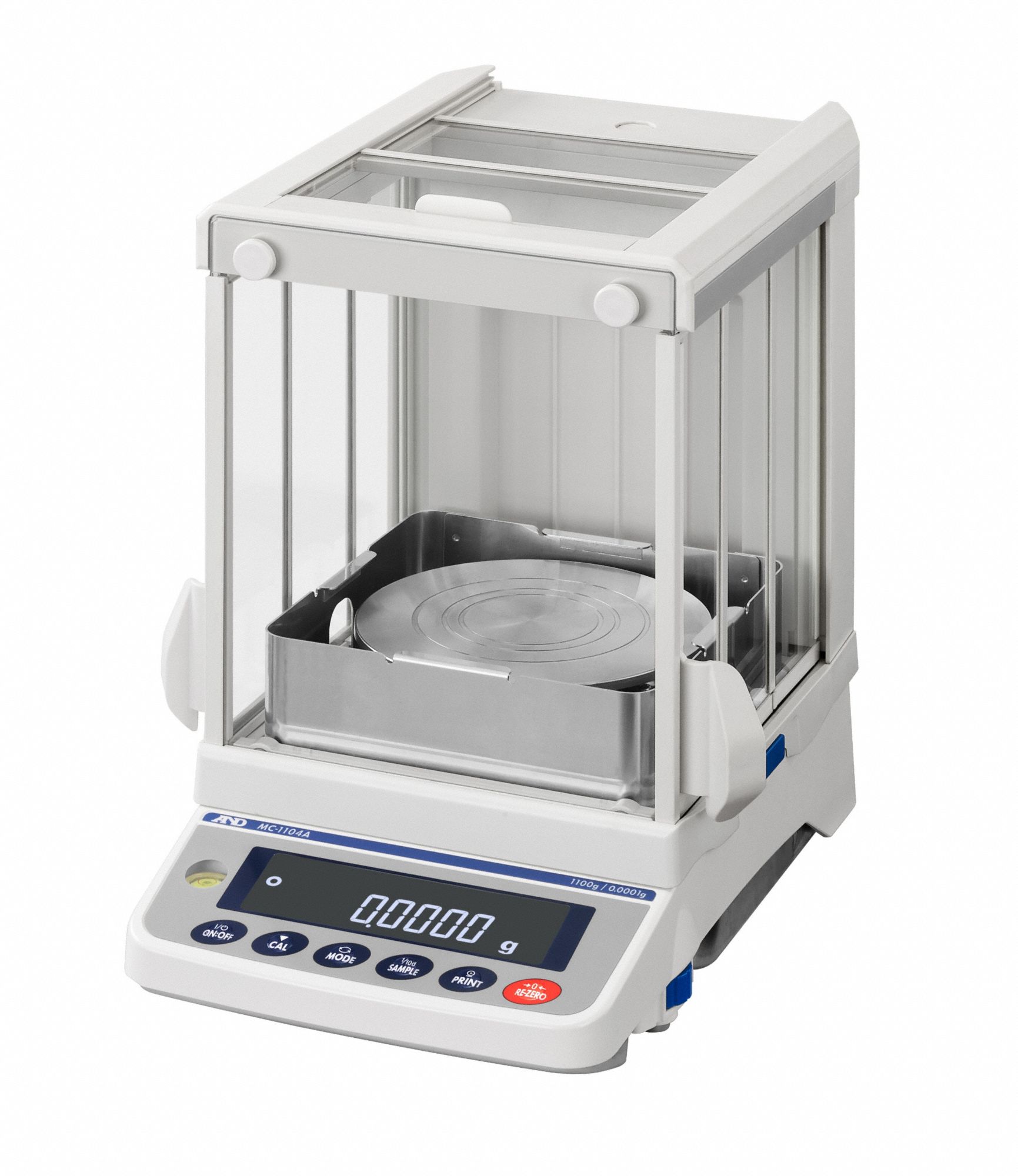 A&D WEIGHING Lab Scale: 1,100 g Capacity, 0.0001 g Readability, 0.00035 g Repeatability, ABS (MPN MC-1104AS). Key specifications — Brand: A&D WEIGHING; Display Type: LCD.