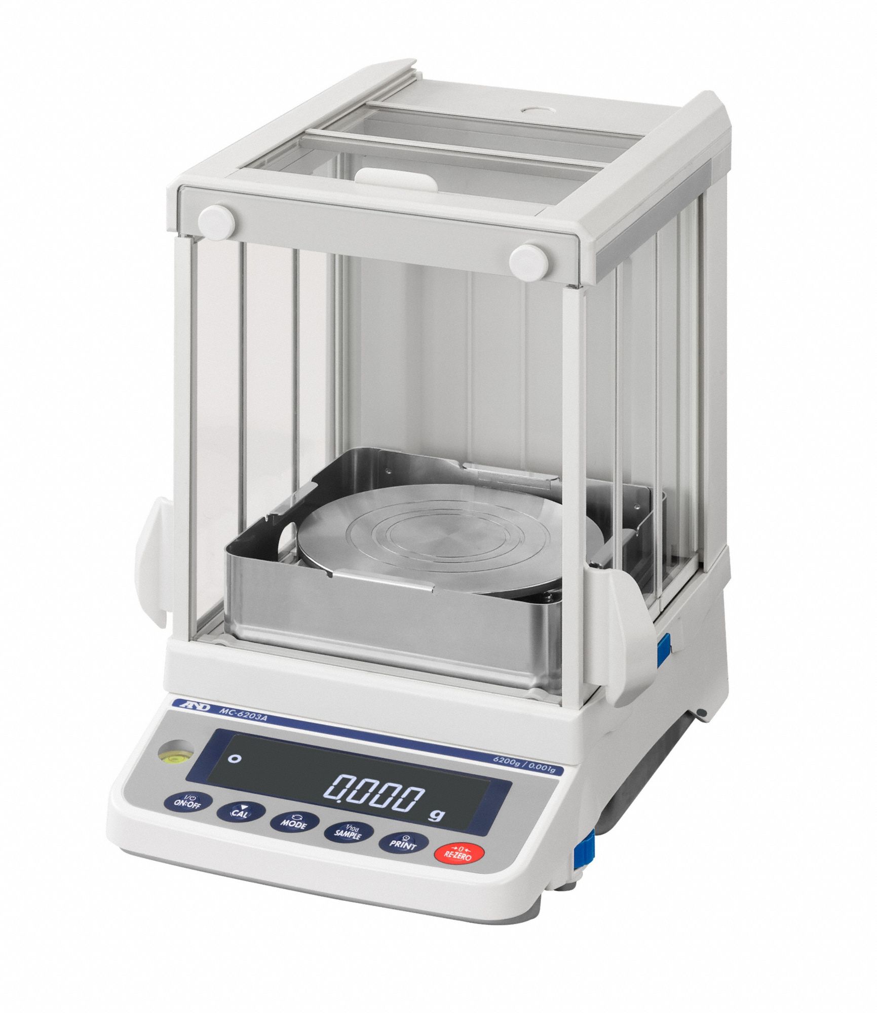 A&D WEIGHING Lab Scale: 6,200 g Capacity, 0.001 g Readability, 0.0015 g Repeatability, ABS (MPN MC-6203AS). Key specifications — Brand: A&D WEIGHING; Display Type: LCD.