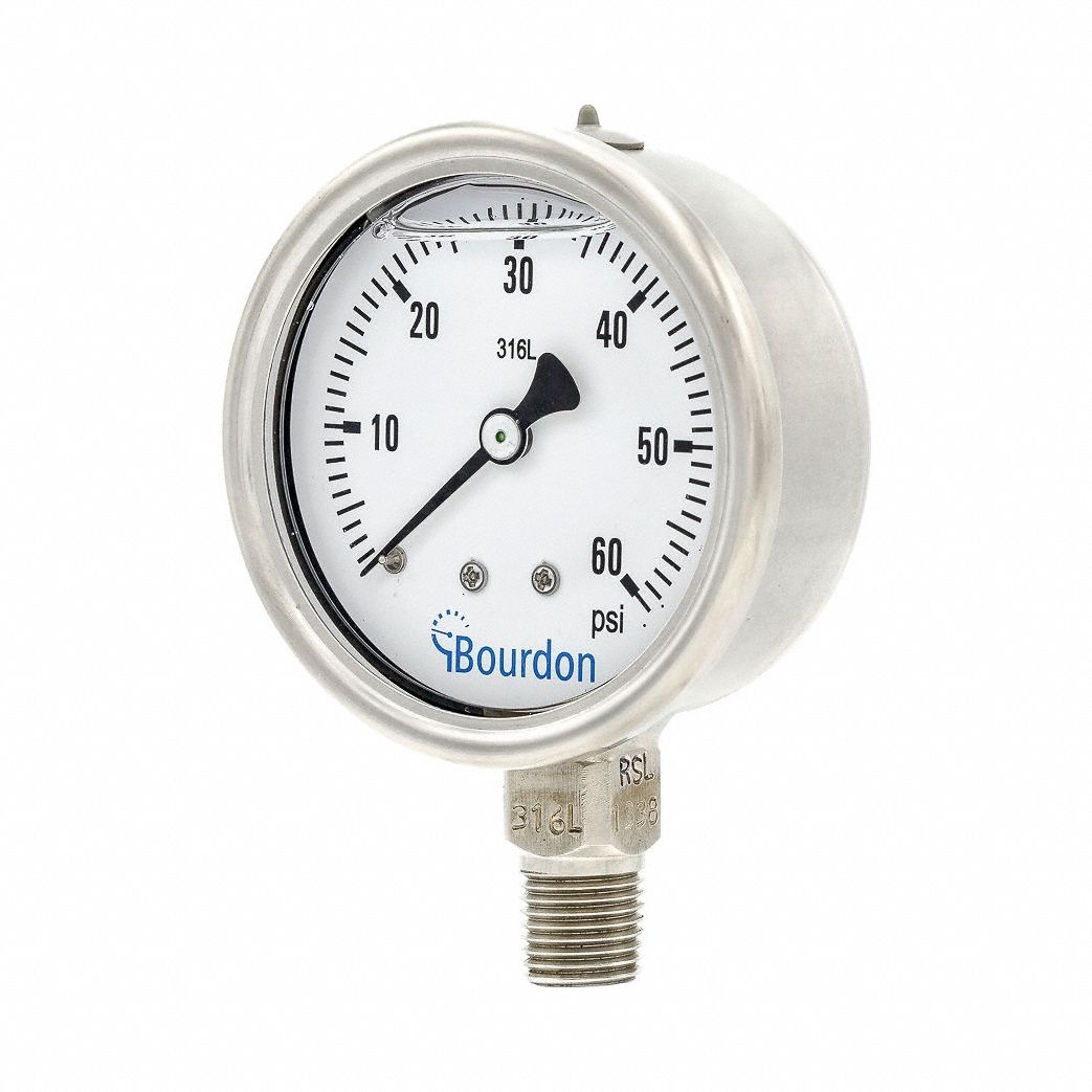 Pressure Gauge: 60 psi to 0 psi / Hg to 60 psi, 63 mm Dial, 1/4 in NPT Male, Bottom, MEX3