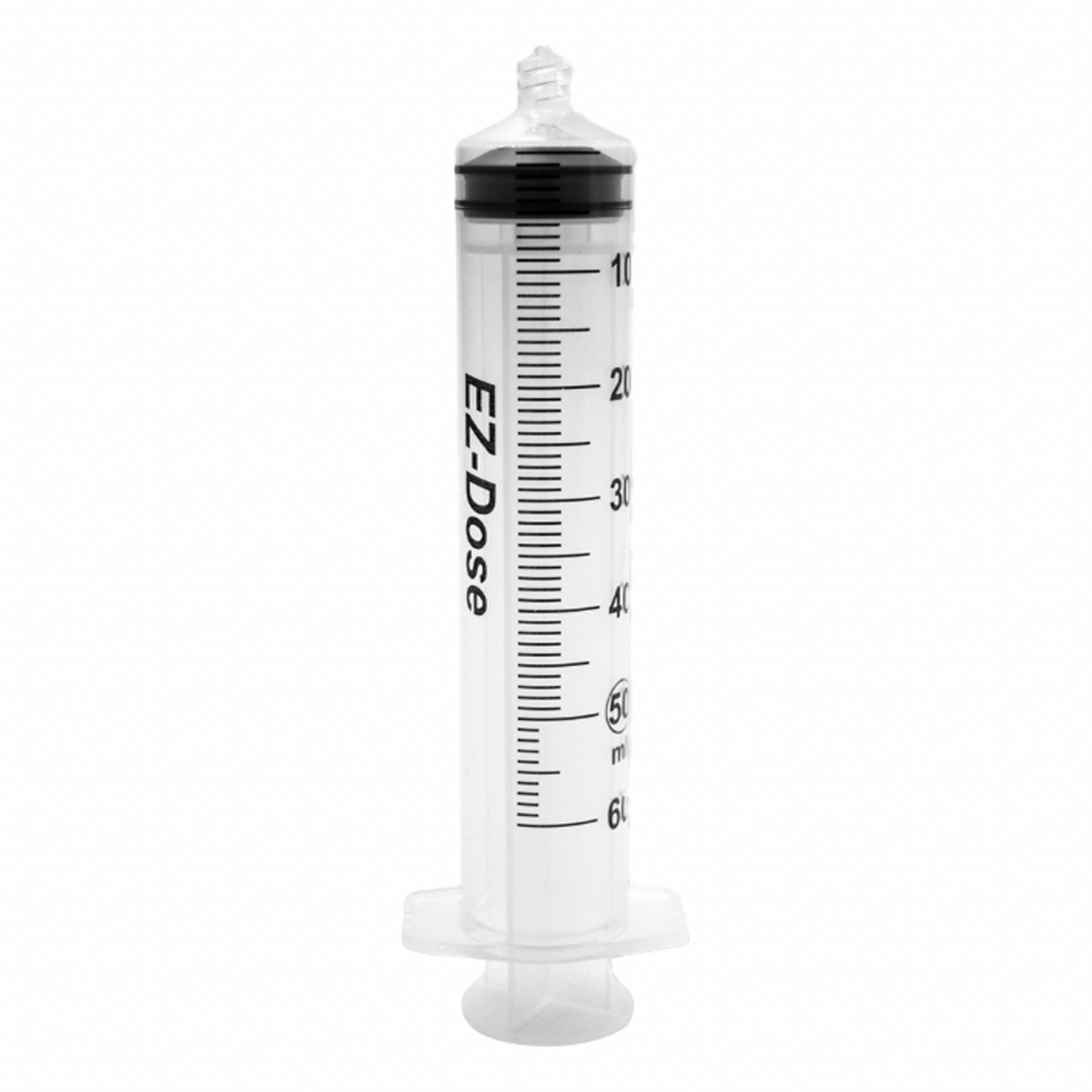 EZ DOSE Chromatography Syringe: 50 mL Capacity - mL, Luer Lock, Polypropylene, Polypropylene, Plastc (MPN MEZ50LL). Key specifications — Attachment Type: Luer Lock; Plunger Material: Plastc; Sterile/Non-Sterile: Sterile; Tip Material: Polypropylene; Barrel Material: Polypropylene; Brand: EZ DOSE; Compatible Needles: Luer Lock; Includes Needles: No.