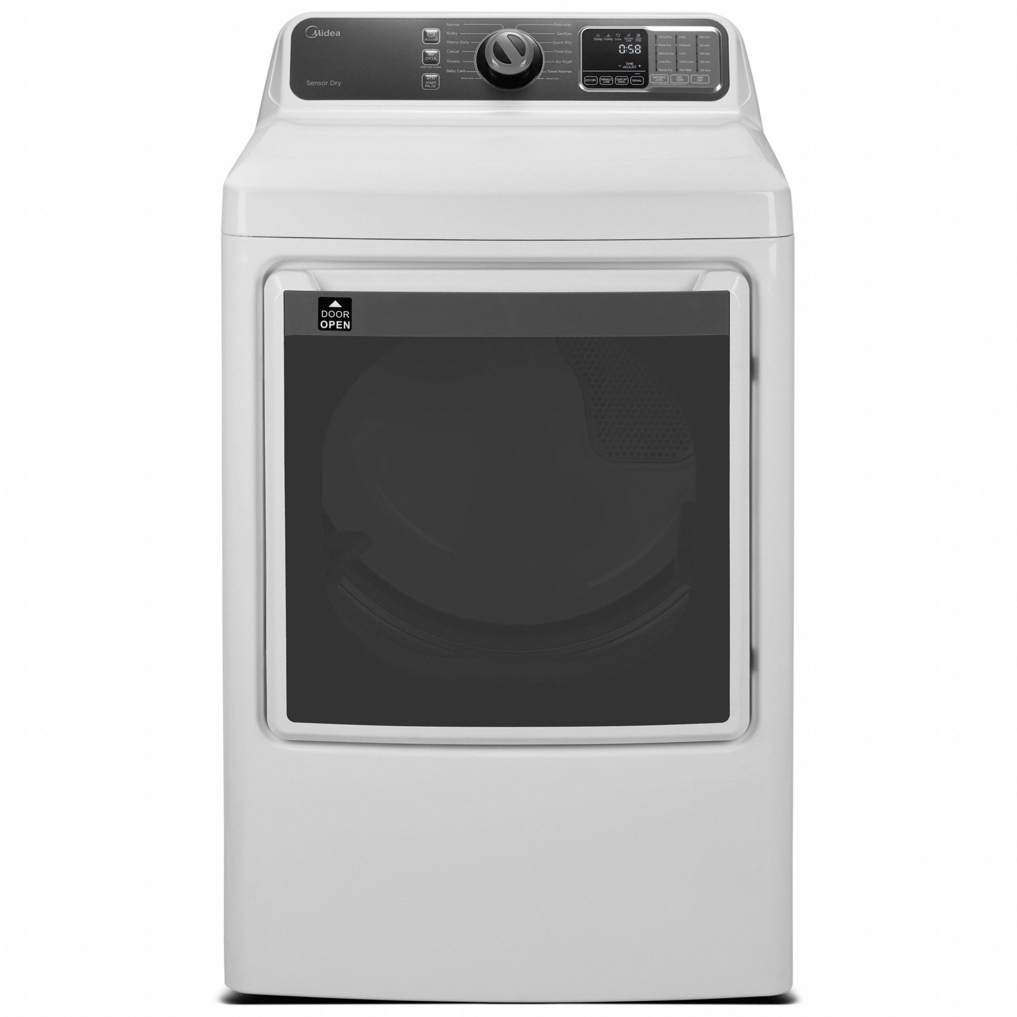 Dryer: Electric, White, 7.5 cu ft Capacity, 52 in Dp with Door Open