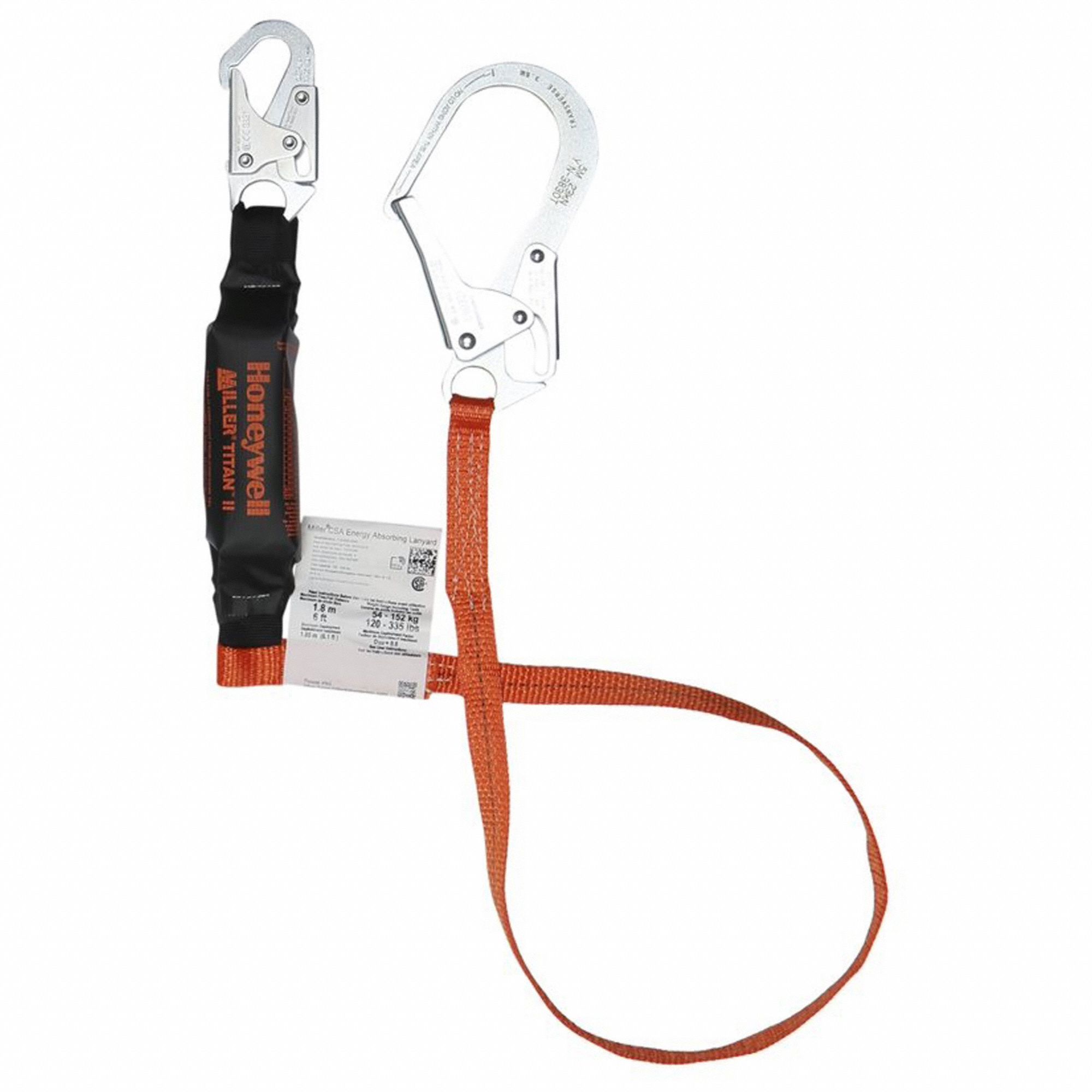 HONEYWELL SHOCK ABSORB LANYARD, TITAN SERIES, STAMPED REBAR HOOK, ORANGE, 6  FT L, STEEL - Shock-Absorbing Lanyards - MLRT1SSSR-OS6C