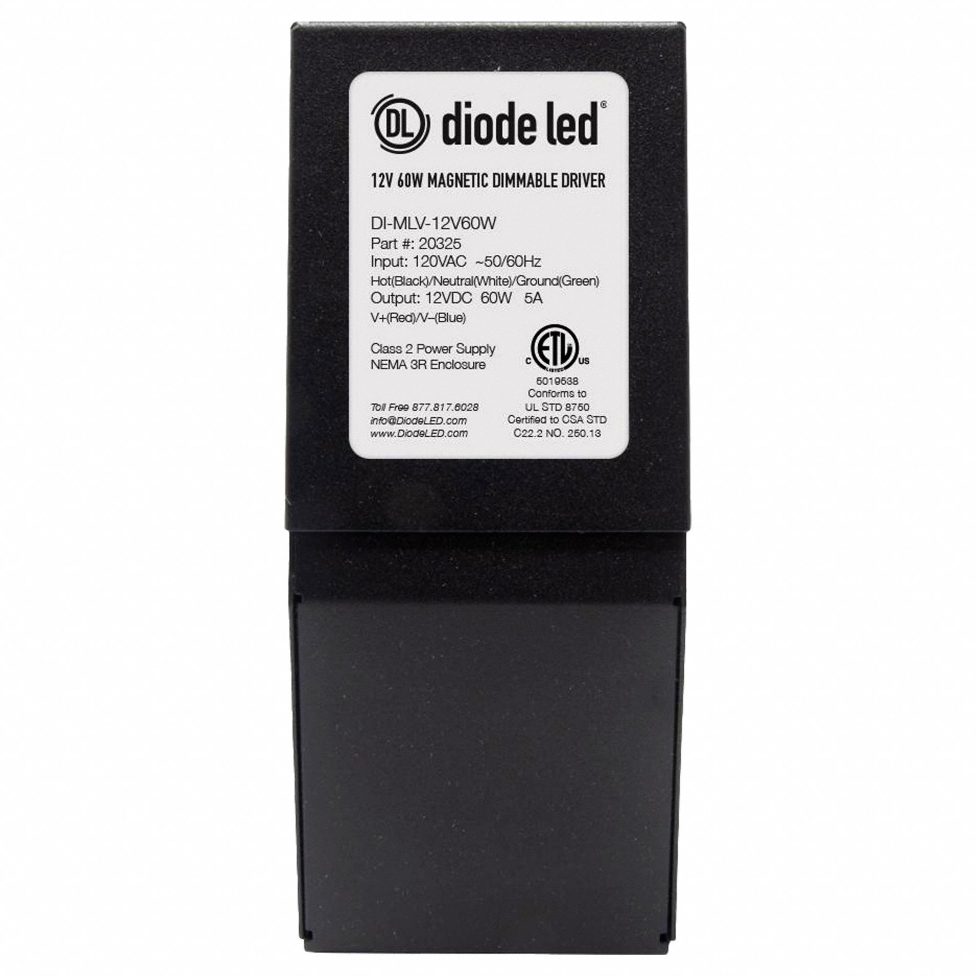 LED Driver: 20 W Power Output, 120V AC, 24V DC, 6 3/8 in Lg, Damp Location Rated, 2 5/8 in Ht