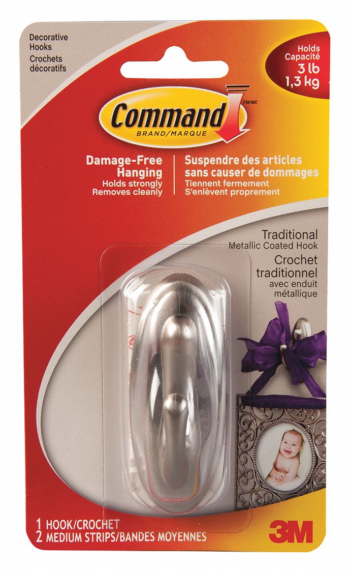 COMMAND SMALL WIRE HOOK,1/2 LBS LD,1-5/8 IN,PK3 - Hooks - MMM17067