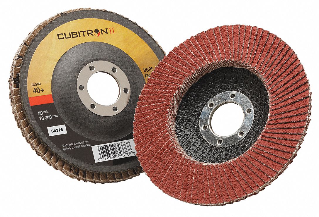 FLAP SANDING DISC, CUBITRON II, TYPE 27, 40 GRIT, COARSE, BLK/ORNG, 4 1/2 X 7/8 IN, CERAMIC, POLY