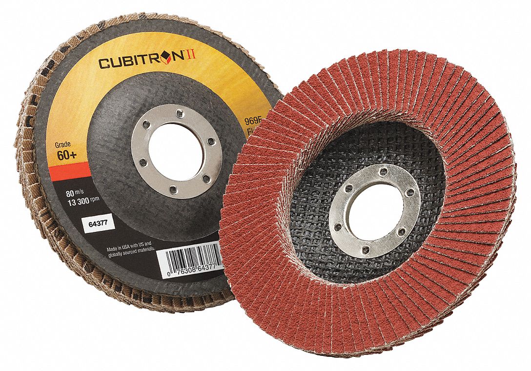 FLAP SANDING DISC, CUBITRON II, TYPE 27, 60 GRIT, MED, BLK/ORNG, 4 1/2 X 7/8 IN, CERAMIC, POLY