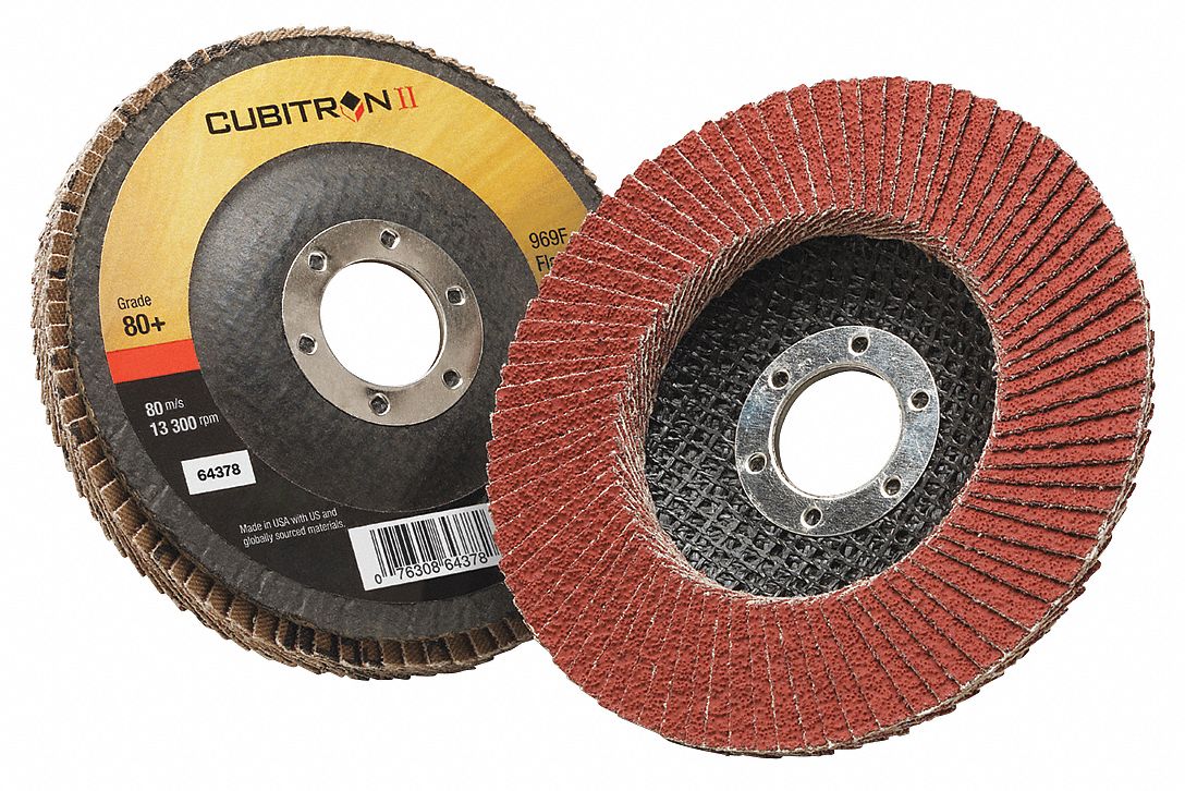 FLAP SANDING DISC, CUBITRON II, TYPE 27, 60 GRIT, MED, BLK/ORNG, 4 1/2 X 7/8 IN, CERAMIC, POLY