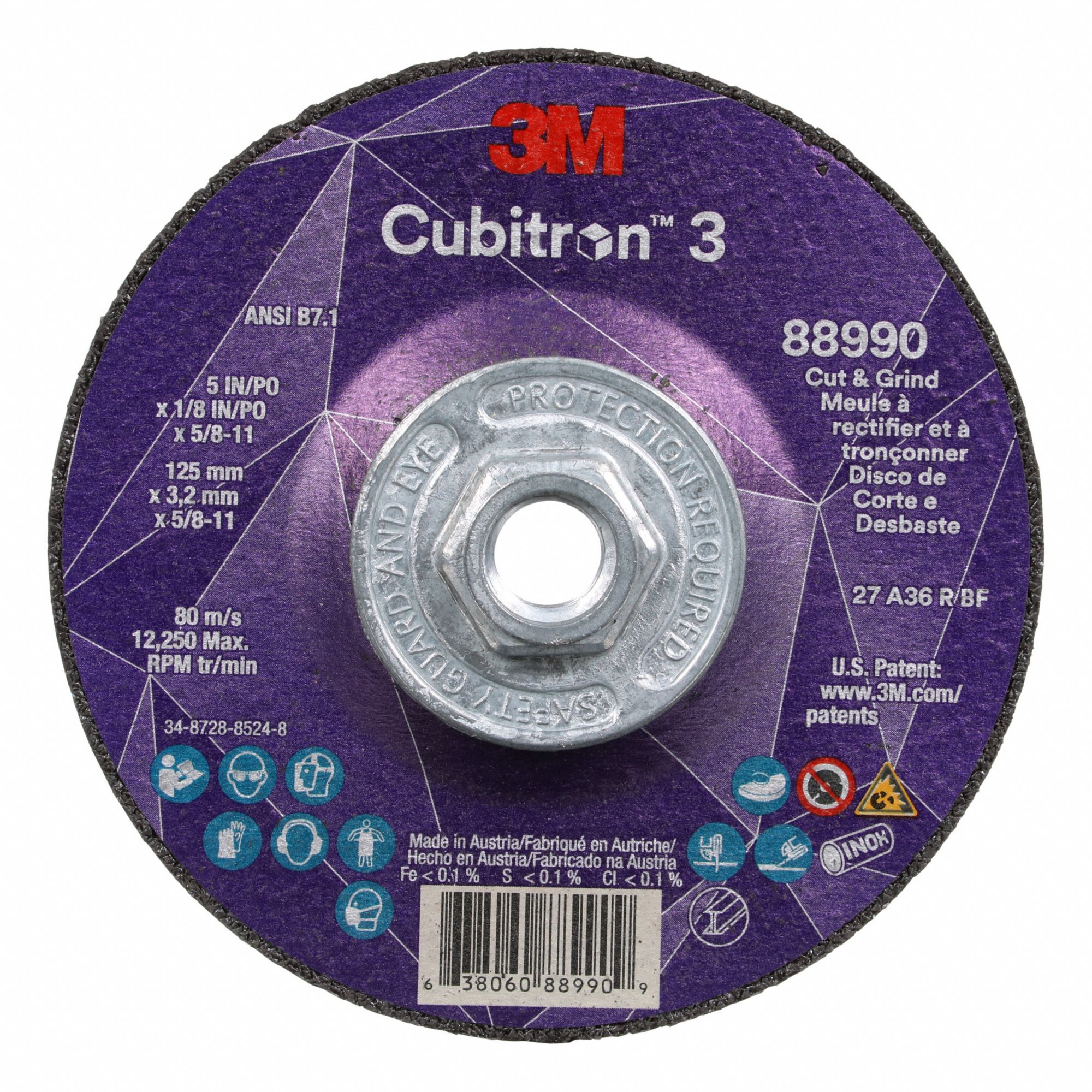 CUT-OFF AND GRINDING WHEEL, TYPE 27, 5 IN X 1/8 IN X ⅝