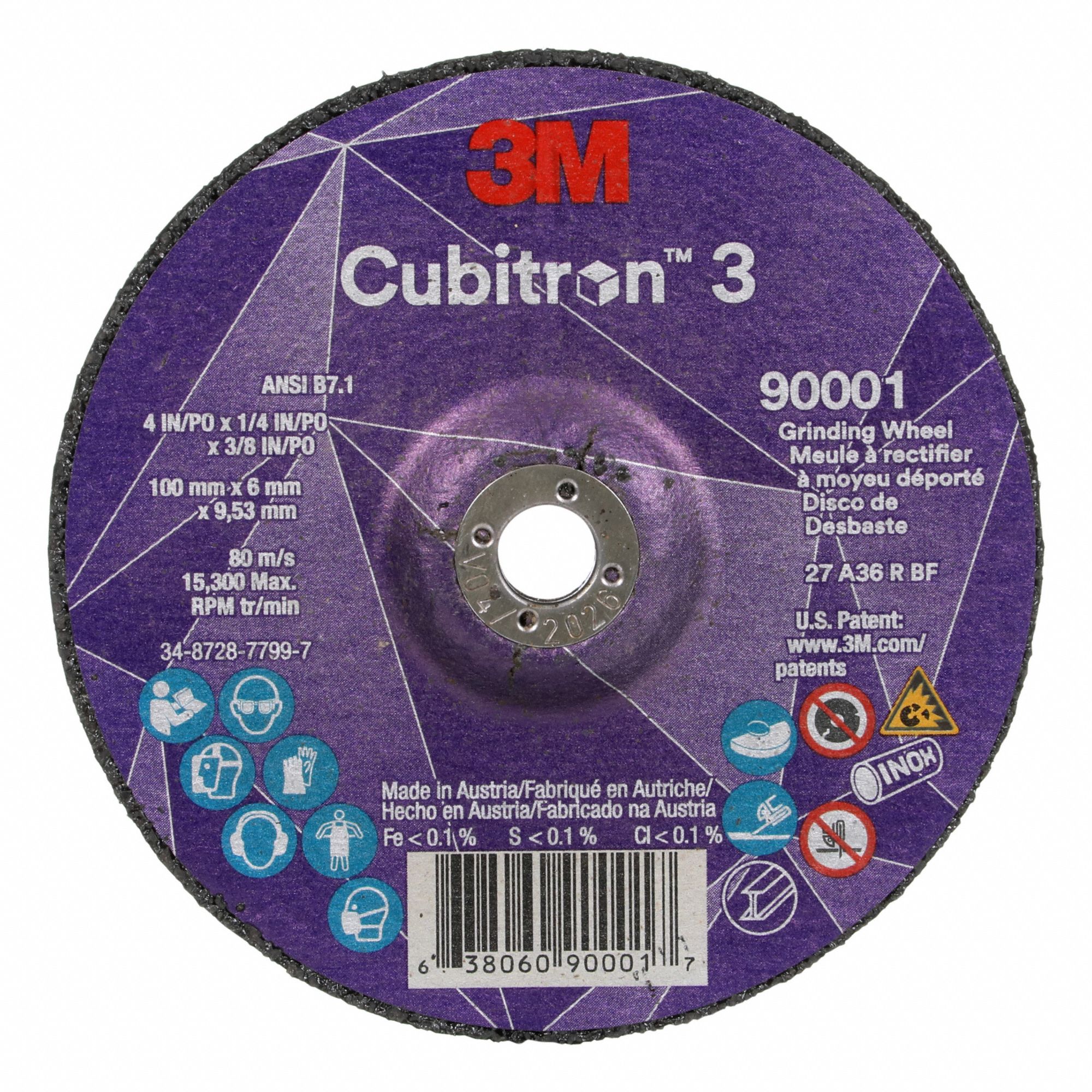 DEPRESSED CENTRE GRINDING WHEEL, TYPE 27, 4 IN X ¼ IN X ⅜ IN, CERAMIC, 36 GRIT