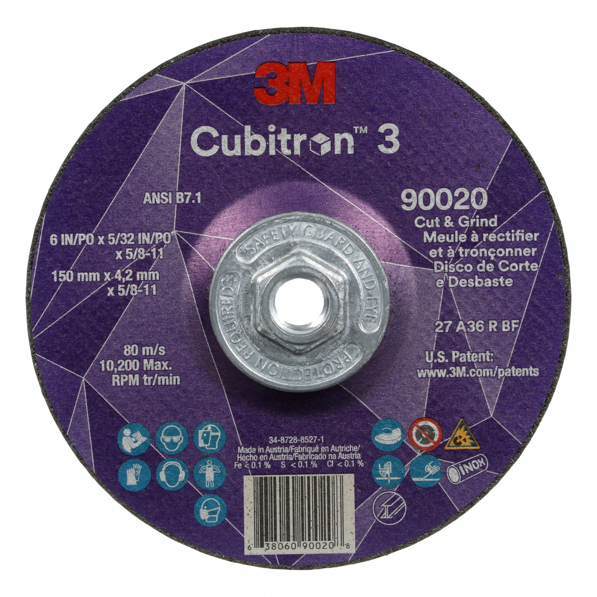 CUT-OFF AND GRINDING WHEEL, TYPE 27, 6 IN X 5/32 IN X ⅝