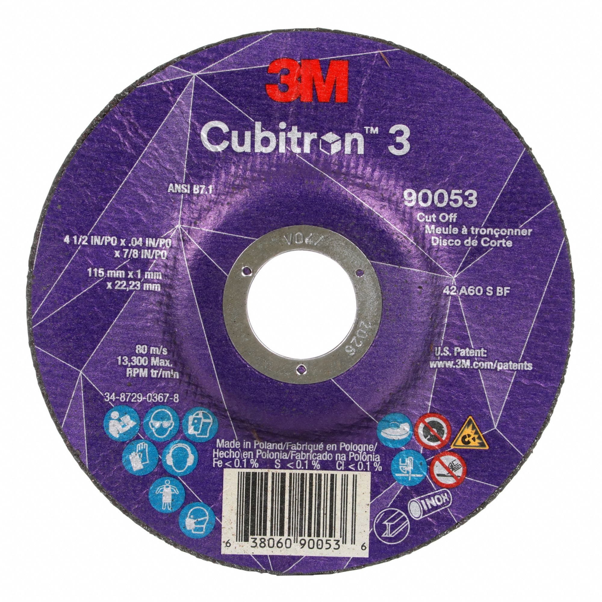 CUT-OFF WHEEL, TYPE 27, 4½ IN X 0.04 IN X ⅞ IN, CERAMIC, 60 GRIT