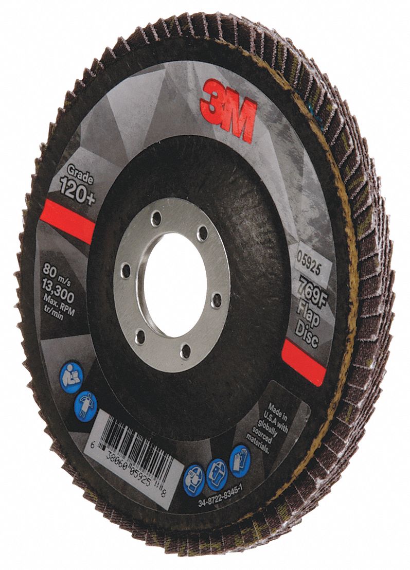 FLAP SANDING DISC, SERIES 769F, TYPE 29, 120 GRIT, FINE ABR, BLACK, 4 1/2 X 7/8 IN, CERAMIC, FGL