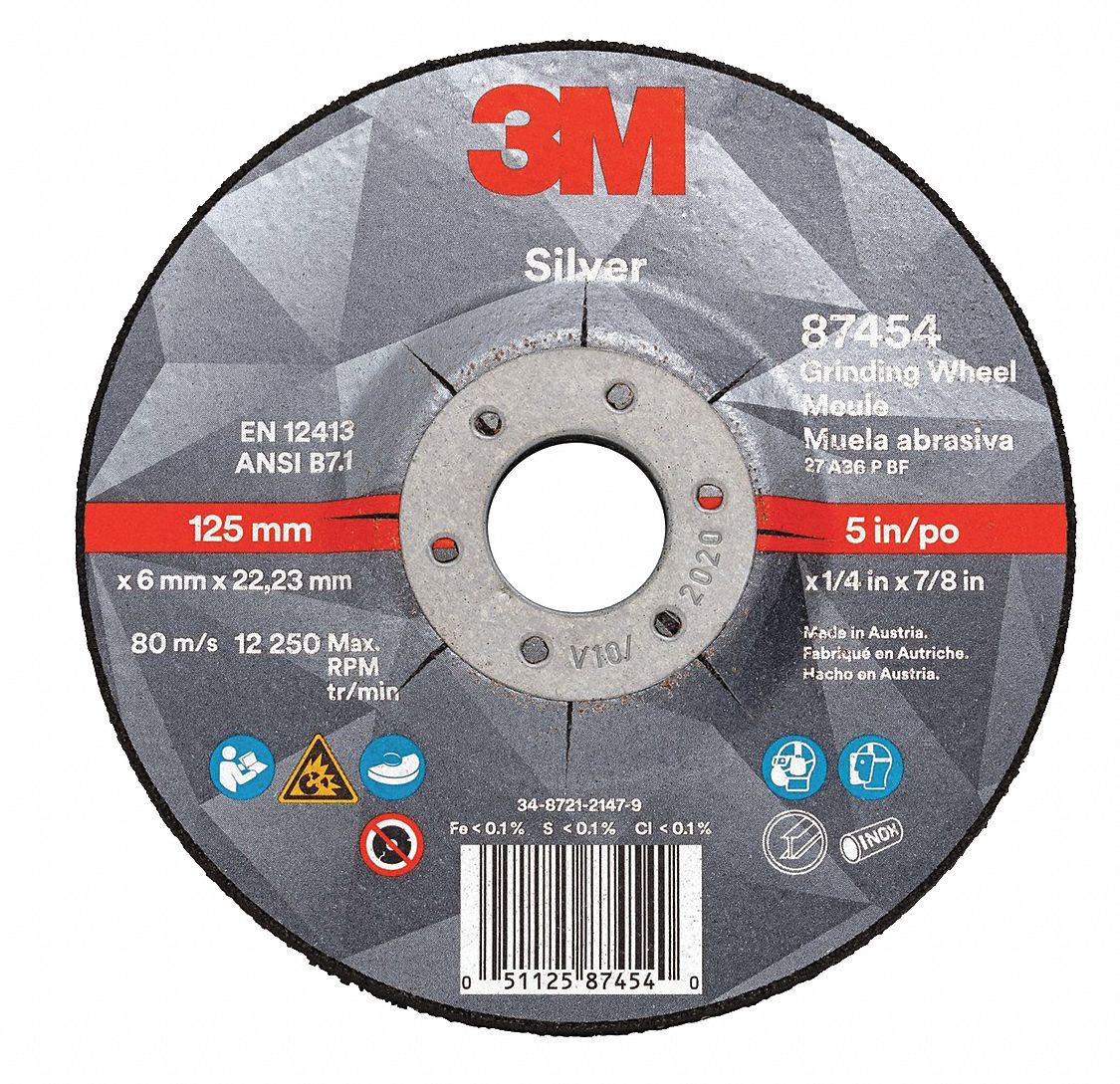 GRINDING WHEEL, 12,250 RPM, 36 GRIT, TYPE 27, 5 IN X 6.35 MM, 7/8 IN ARBOR, CERAMIC ALUMINA