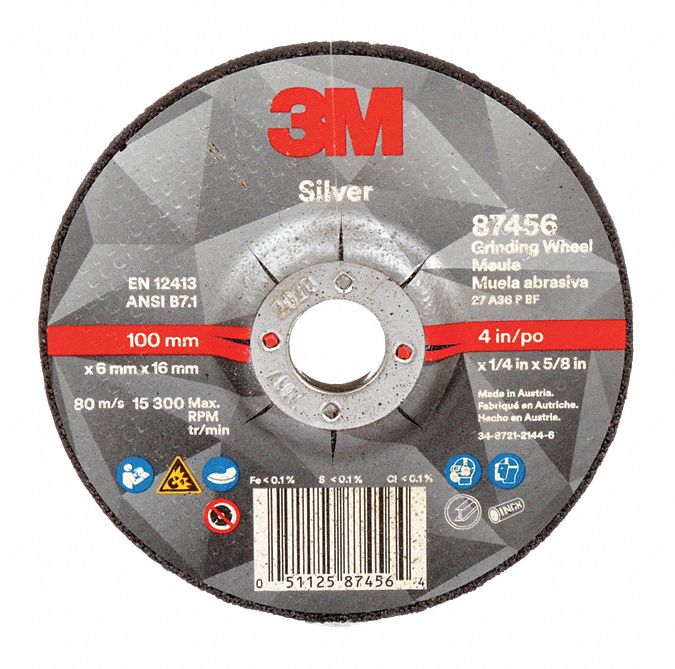 GRINDING WHEEL, 15,300 RPM, 36 GRIT, TYPE 27, 4 1/2 IN X 6.35 MM, 5/8 IN ARBOR, CERAMIC ALUMINA