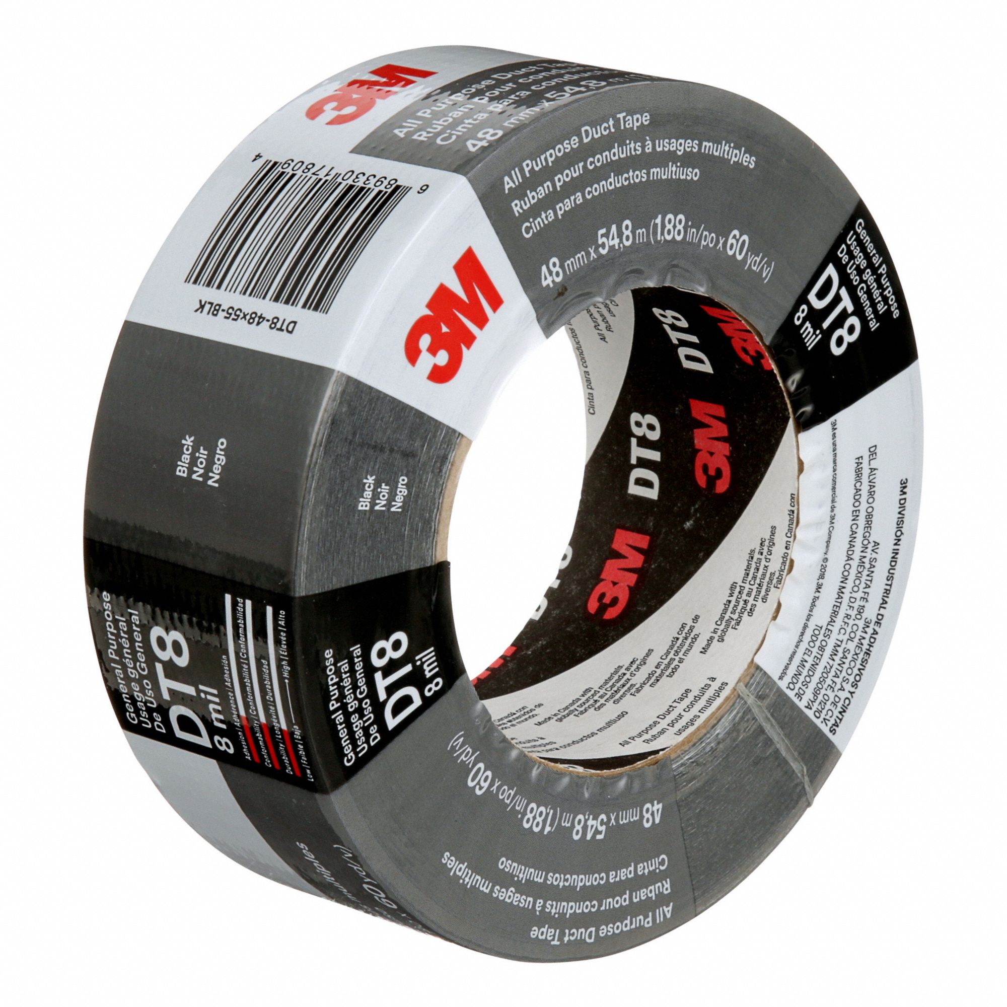 DUCT TAPE, UTILITY/TENSILE 24 LBS, BLACK, 60 YD X 48 MM X 1/64 IN DIA/8 MIL, RUBBER ADHESIVE