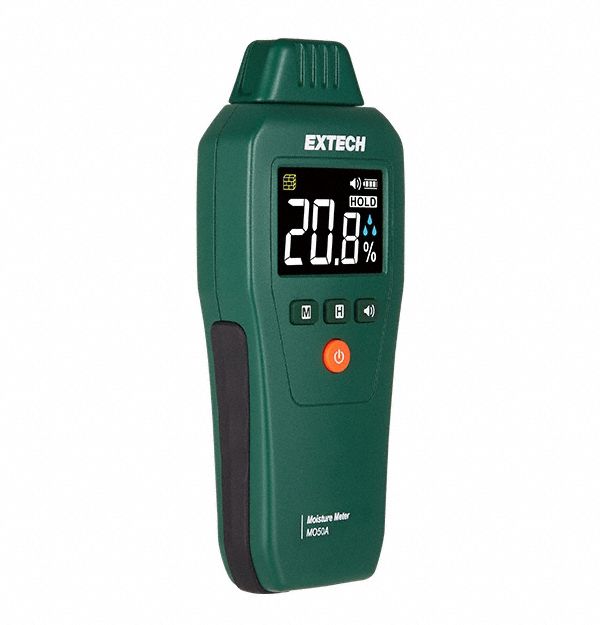 EXTECH Moisture Meter: Digital, LCD with Backlight, Pin, ±3% Moisture Content Accuracy (MPN MO50A). Key specifications — attr999354: Digital; attr1009272: Built-In Material Library; attr999347: Stone; attr999350: LCD with Backlight; attr999383: ±3%; attr999345: EXTECH.