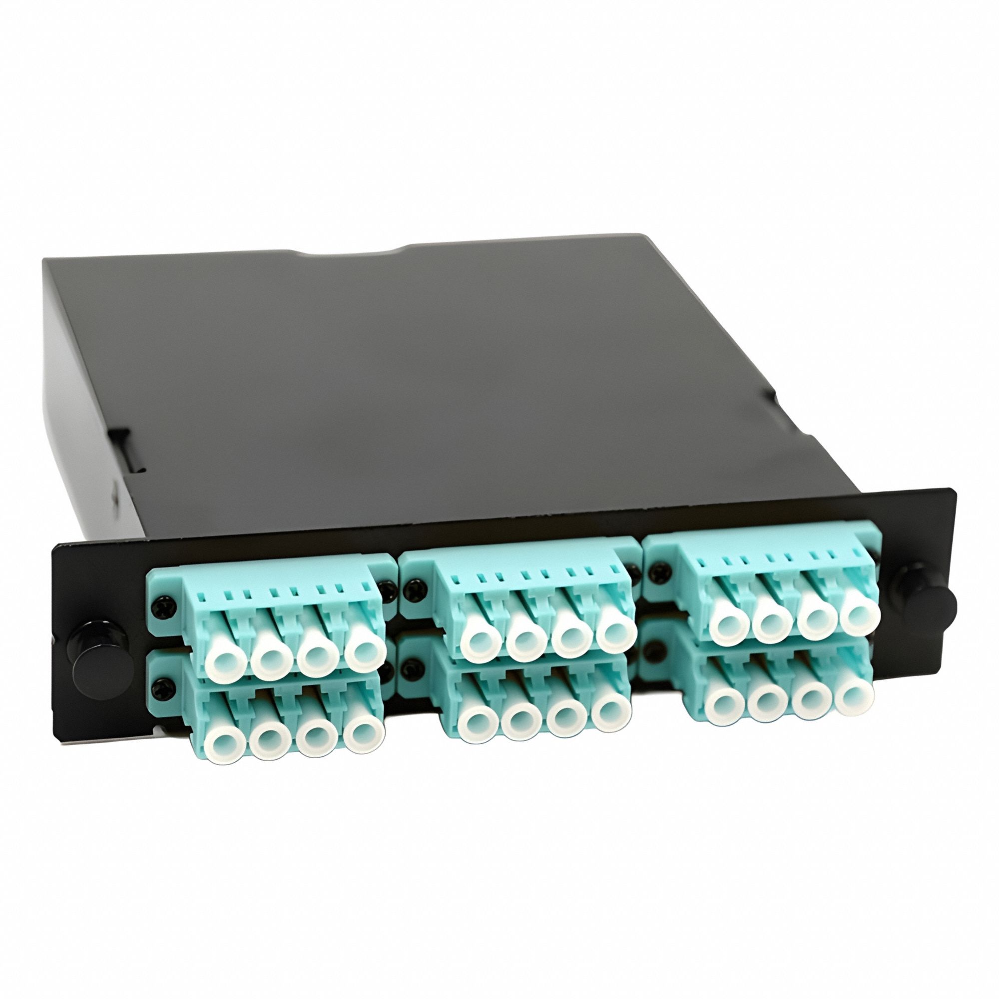 Fiber Optic Cassette: Multi-Mode, OM3, 24 LC – UPC, 2 MPO – UPC Male, Low-Loss, Aqua