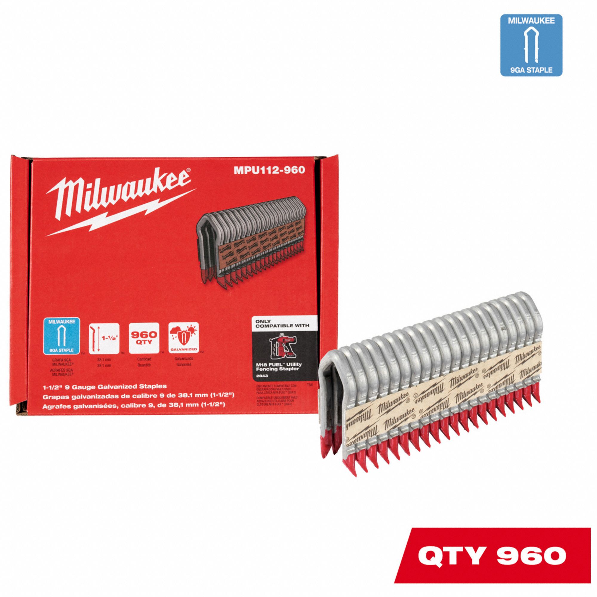 MILWAUKEE, Barbed Staple, 3/4 in Crown Wd, Galvanized Staples,9 ga