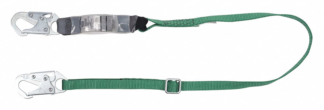 SHOCK-ABSORBING LANYARD, STEEL HARDWARE, 310 LB CAPACITY, 1 LEG, GREEN/GREY