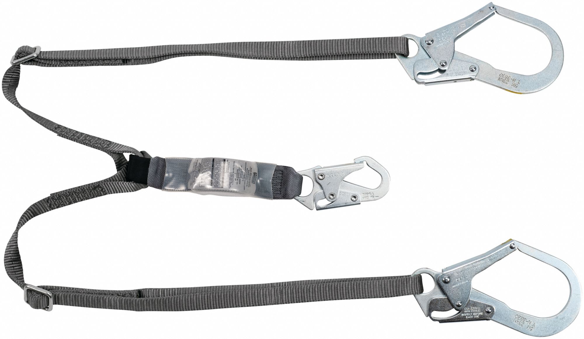 SHOCK-ABSORBING LANYARD, STEEL HARDWARE, 310 LB CAPACITY, GREEN/GREY