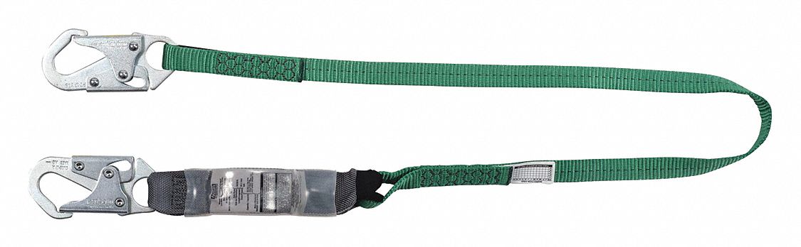 SHOCK-ABSORBING LANYARD, 1 LEG, WEIGHT 150 TO 310 LBS, GREEN/GREY, STEEL HARDWARE