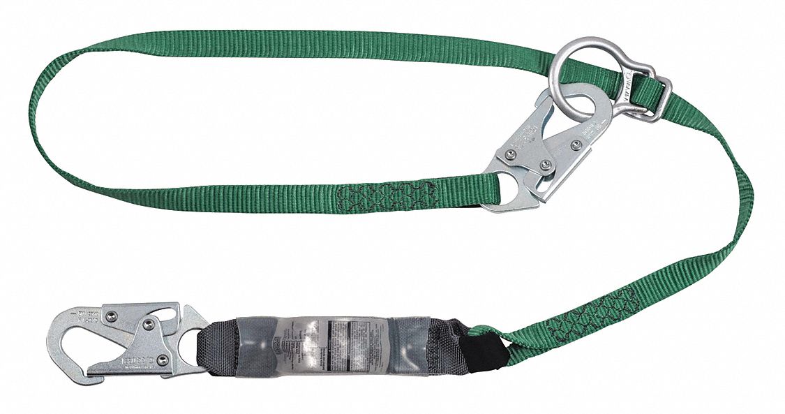 SHOCK-ABSORBING LANYARD, 1 LEG, WEIGHT 150 TO 310 LBS, GREEN/GREY, STEEL HARDWARE