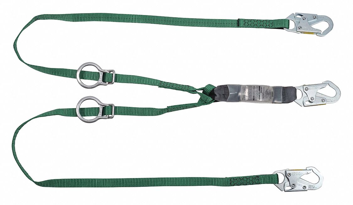 SHOCK-ABSORBING LANYARD, WEIGHT 150 TO 310 LBS, GREEN/GREY, STEEL HARDWARE