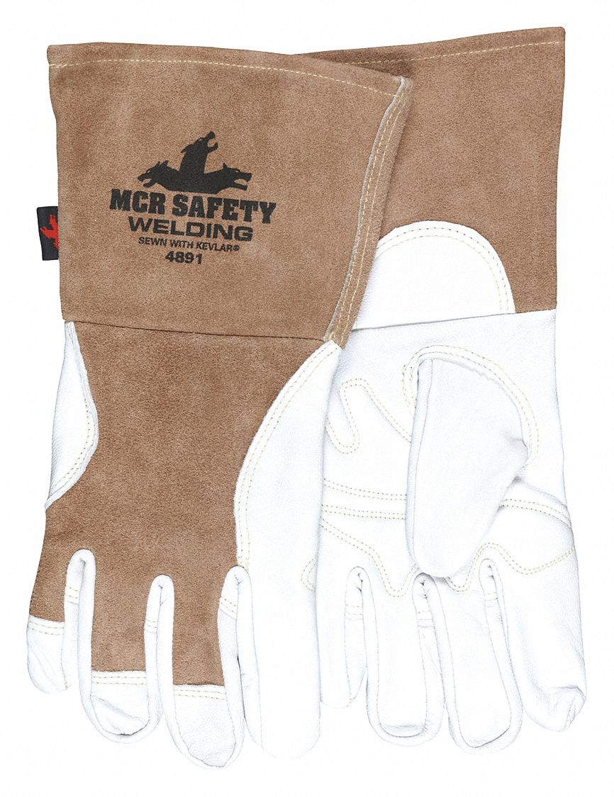 WELDING GLOVES W GAUNTLET CUFFS, MEDIUM/8, WHITE/BROWN, COWHIDE/KEVLAR, PAIR