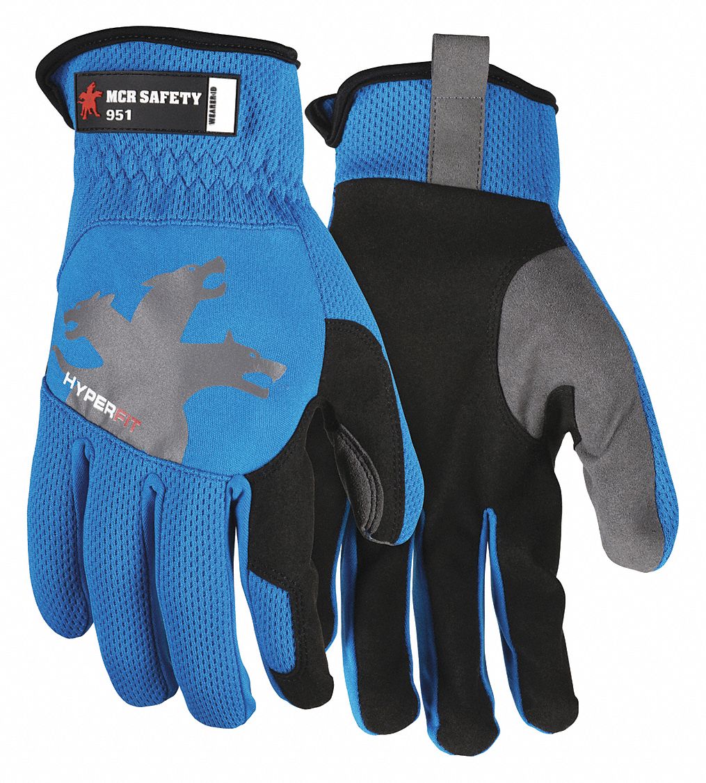 MECHANIC GLOVES, ANSI 2, SLIP ON/CUT RESISTANT, SZ L/9, BL, POLYESTER/COTTON/SYNTHETIC LEATHER, PAIR