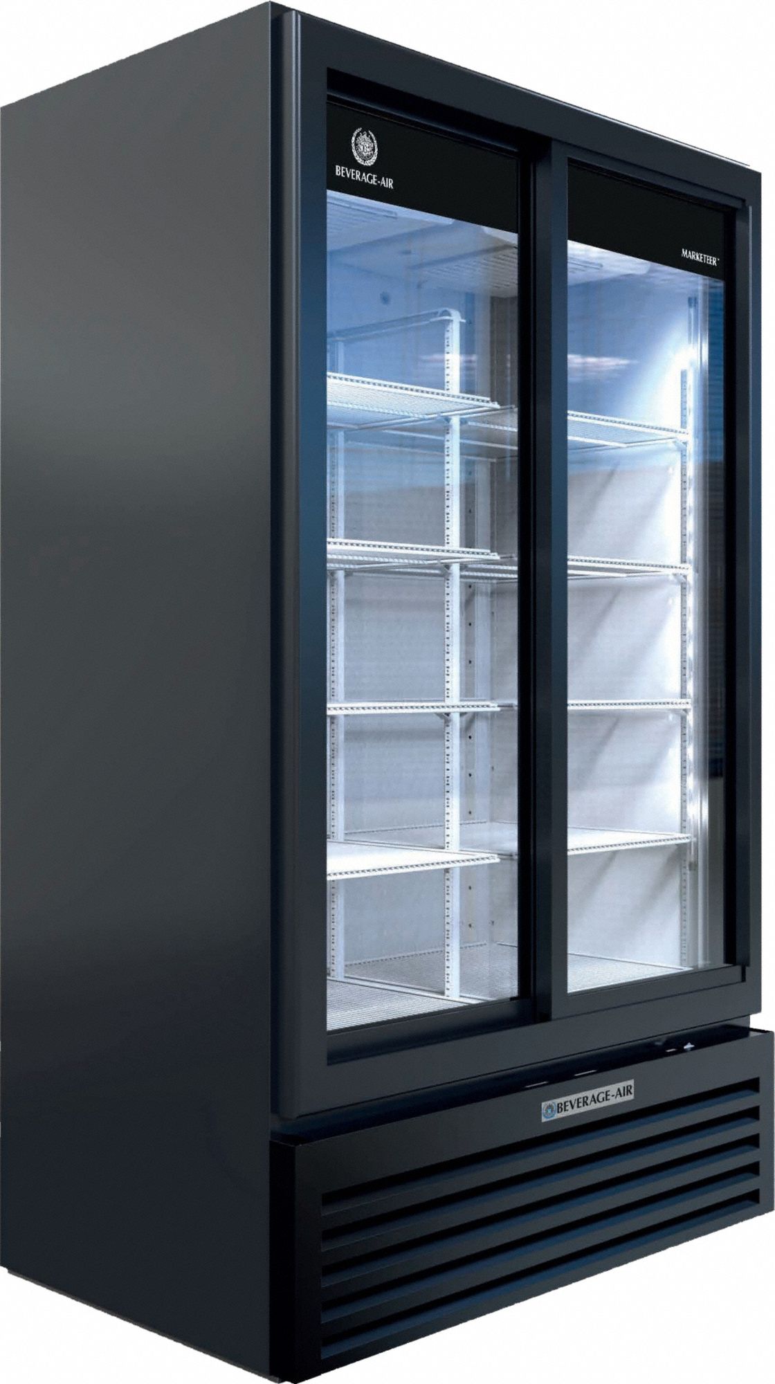 Refrigerated Merchandiser: 78 3/8 in x 47 1/8 in x 29 1/4 in, Black, Sliding, 2 Doors
