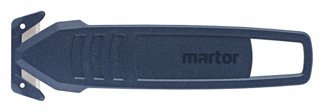 SAFETY KNIFE,FOOD INDUSTRY,AMBIDEXTROUS,FIXED BLADE,NAVY,4 3/4X1 1/2X1/8 IN,STAINLESS STEEL,PLASTIC