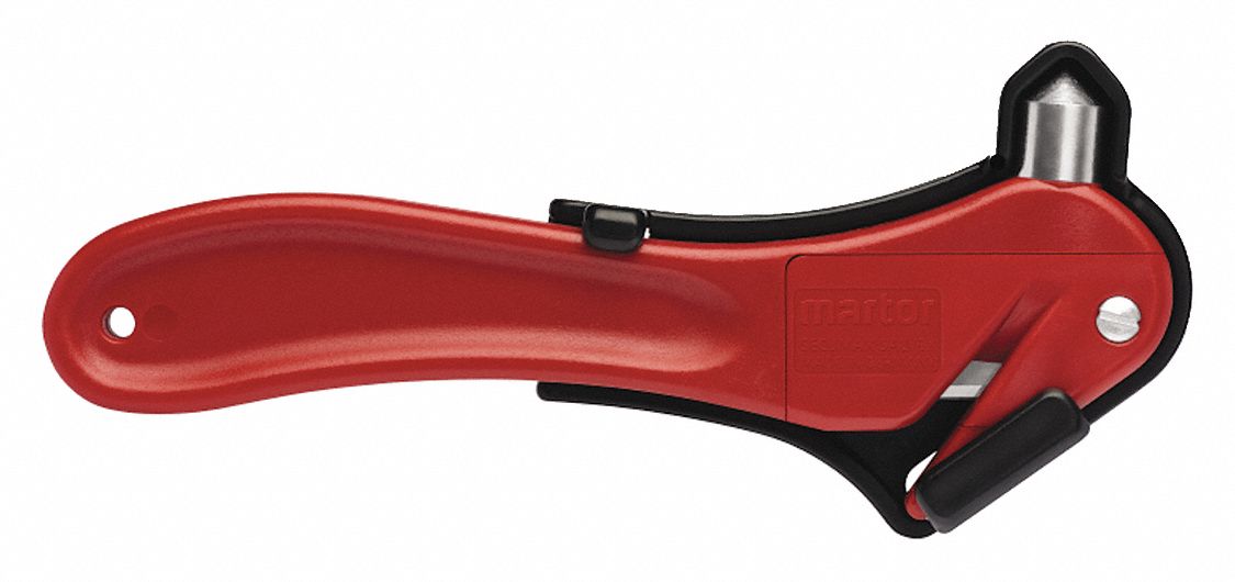HOOK-STYLE SAFETY CUTTER, STEEL, BLACK/BLUE STRAIGHT PLASTIC HANDLE, PLAIN GRIP, MULTIPURPOSE, 8¼ IN L X 40 MM W