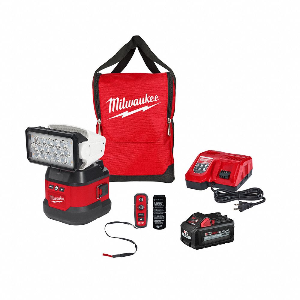 UTILITY REMOTE CONTROL SEARCH LIGHT KIT W/PORTABLE BASE, CORDLESS, 18V, 1250 TO 4500 LM