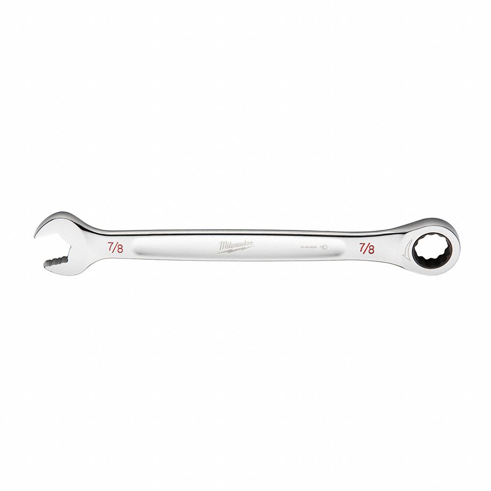 RATCHETING COMBINATION WRENCH, CHROME VANADIUM STEEL, CHROME, 7/8 IN HEAD SIZE, STANDARD