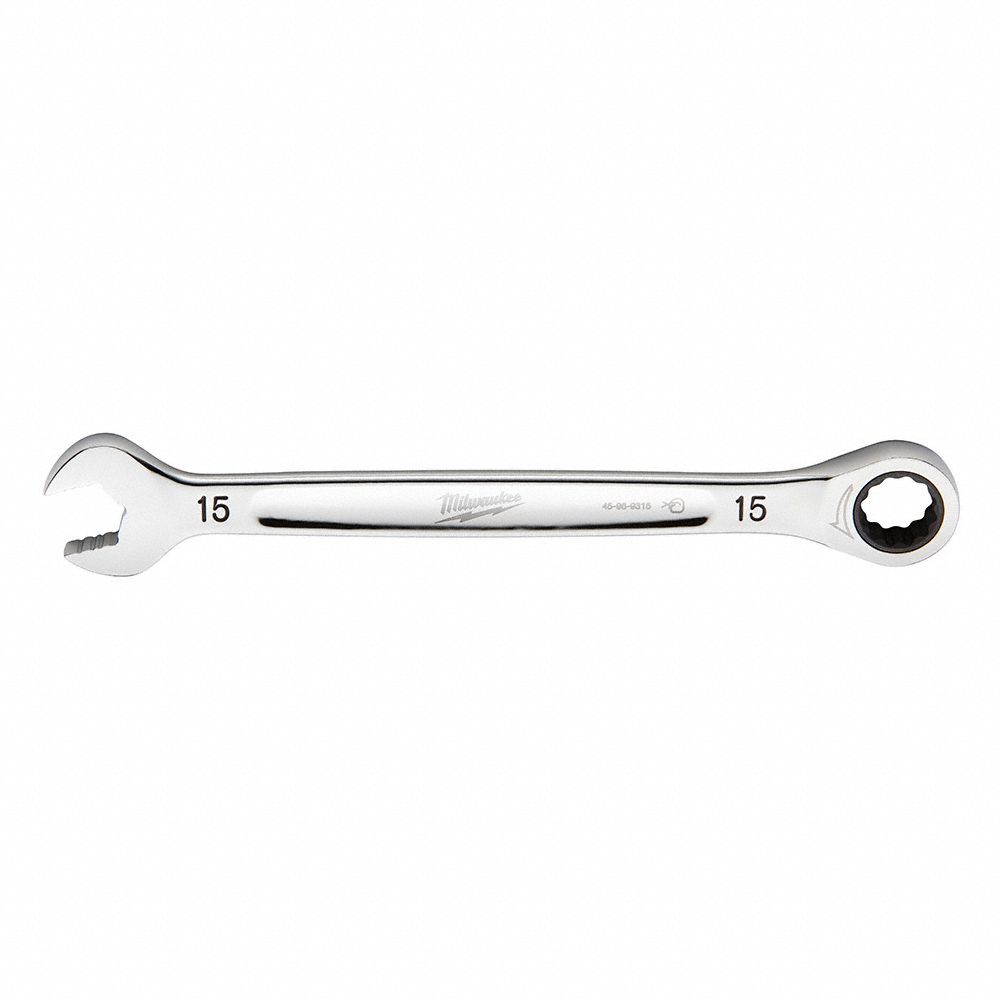 RATCHETING COMBINATION WRENCH, CHROME VANADIUM STEEL, CHROME, 15 MM HEAD SIZE, STANDARD