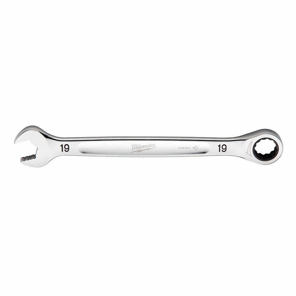 RATCHETING COMBINATION WRENCH, CHROME VANADIUM STEEL, CHROME, 19 MM HEAD SIZE, STANDARD