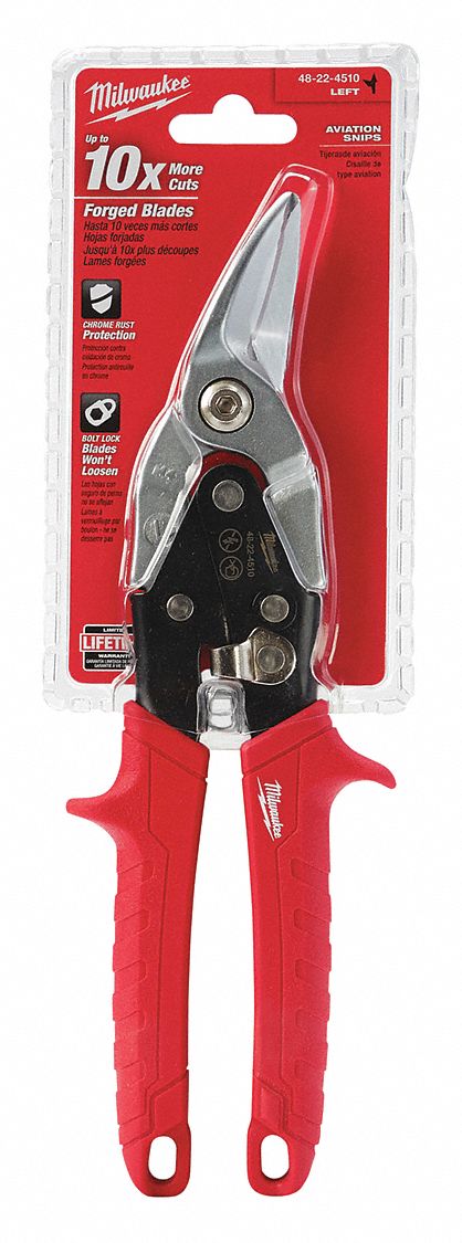 AVIATION SNIP, LEFT/STRAIGHT, 10 IN OVERALL L, 5 IN CUTTING L, STEEL, PLASTIC, PLASTIC