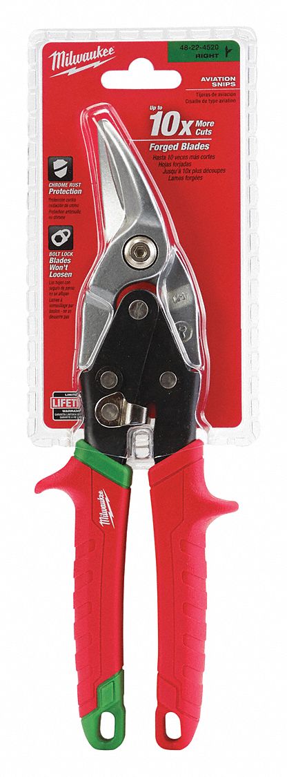 AVIATION SNIP, RIGHT/STRAIGHT, 10 IN OVERALL L, 5 IN CUTTING L, STEEL, PLASTIC, PLASTIC