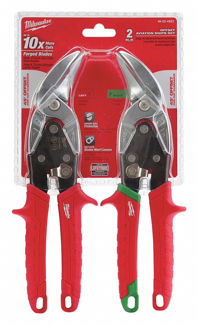 AVIATION SNIP SET, LEFT/RIGH, 10 IN OVERALL L, 1 1/4 IN CUTTING L, STEEL, PLASTIC