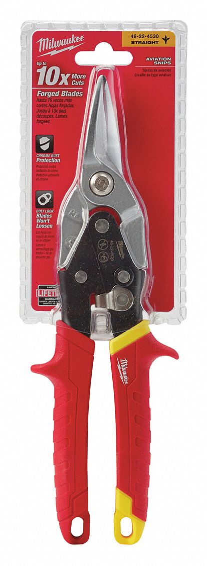 AVIATION SNIP, STRAIGHT, 10 IN OVERALL L, 5 IN CUTTING L, STEEL, PLASTIC, PLASTIC