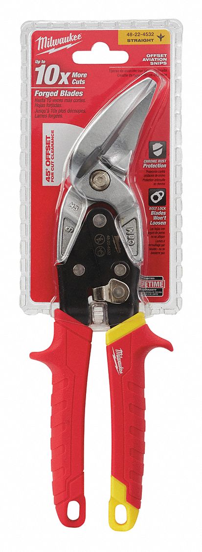 OFFSET SNIP, STRAIGHT, 10 IN OVERALL L, 5 IN CUTTING L, STEEL, PLASTIC, PLASTIC