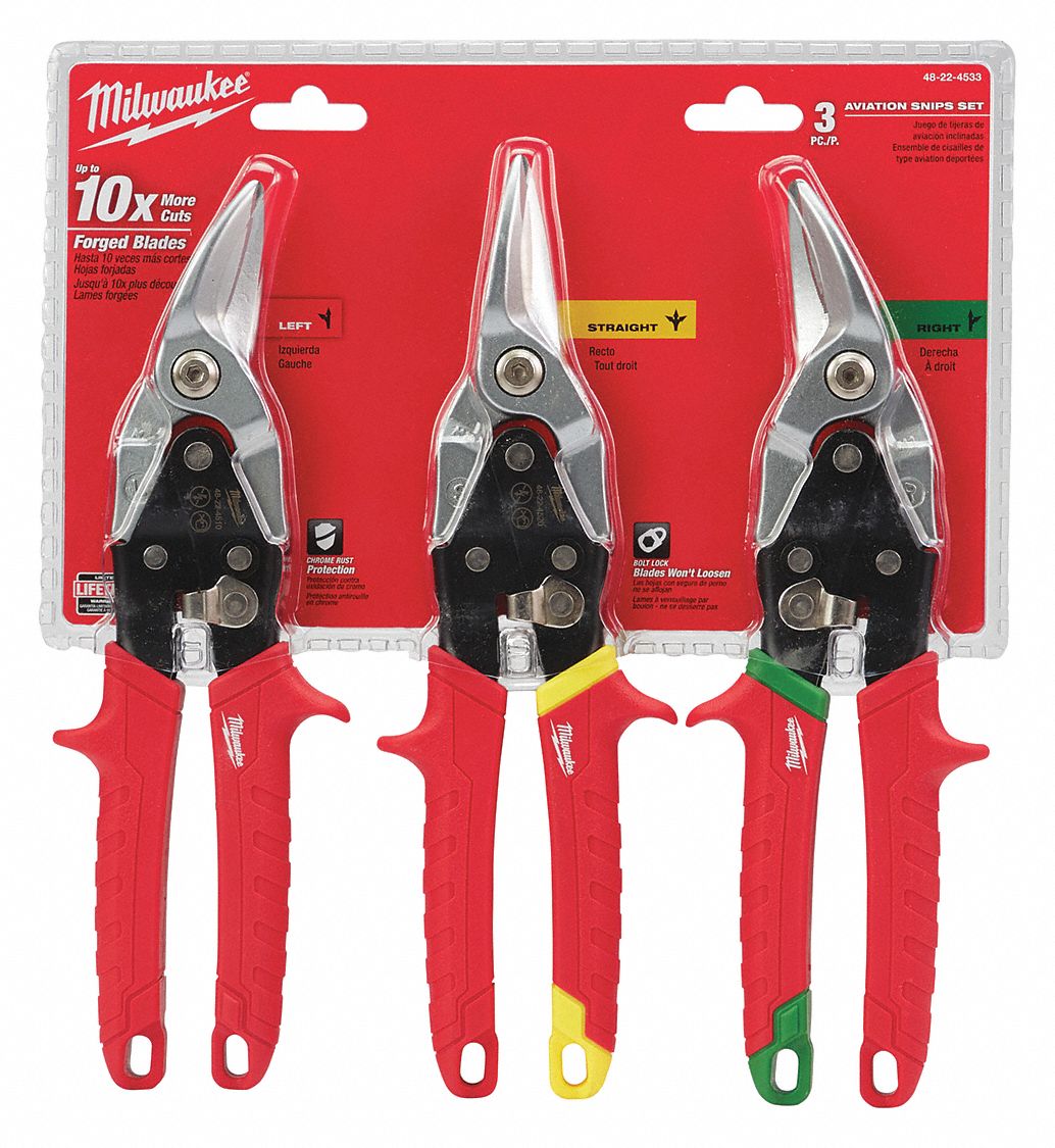 AVIATION SNIP SET, LEFT/RIGHT/STRAIGHT, 10 IN OVERALL L, 2 IN CUTTING L, STEEL, PLASTIC