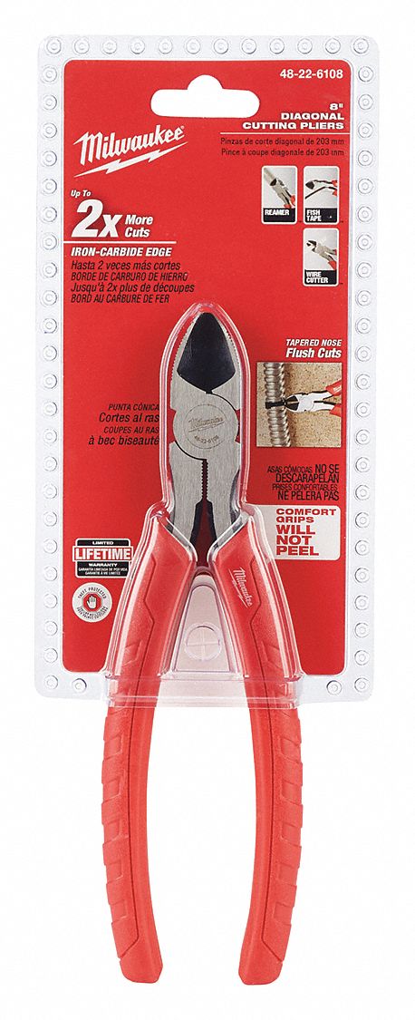DIAGONAL CUTTING PLIER, FLUSH, STRAIGHT, 1 IN JAW L, ⅜ IN JAW W, 8 IN OVERALL L, TETHER READY