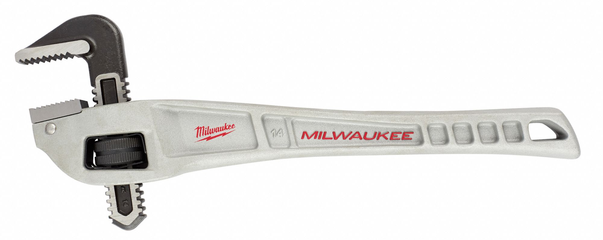 OFFSET PIPE WRENCH, ALUMINUM, 2 IN JAW CAPACITY, SERRATED, 14 IN OVERALL L, ERGONOMIC