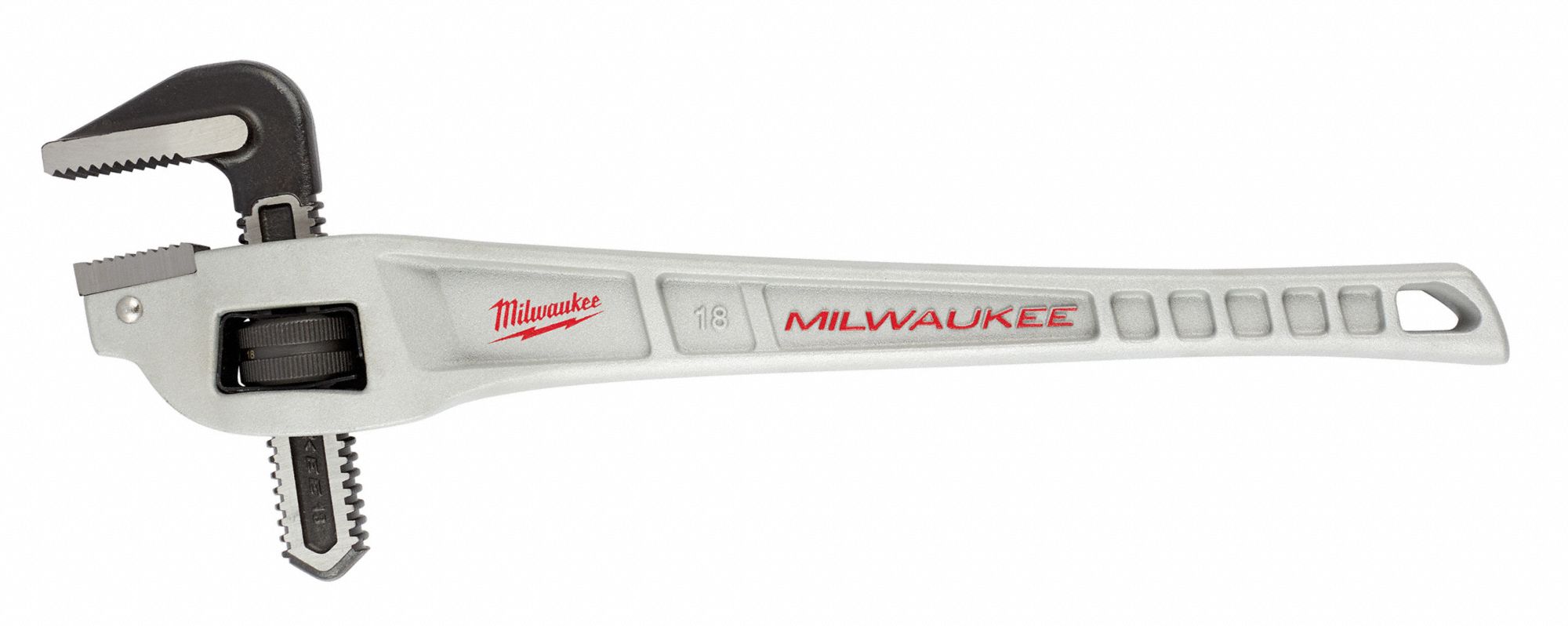 OFFSET PIPE WRENCH, ALUMINUM, 2 IN JAW CAPACITY, SERRATED, 18 IN OVERALL L, ERGONOMIC