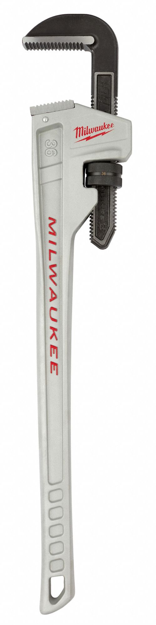 PIPE WRENCH, ALUMINUM, 5 IN JAW CAPACITY, SERRATED, 36 IN OVERALL L, ERGONOMIC