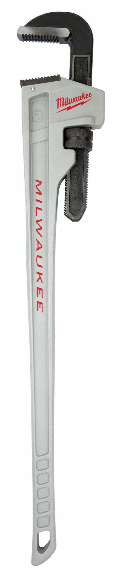 PIPE WRENCH, ALUMINUM, 6 IN JAW CAPACITY, SERRATED, 48 IN OVERALL L, ERGONOMIC