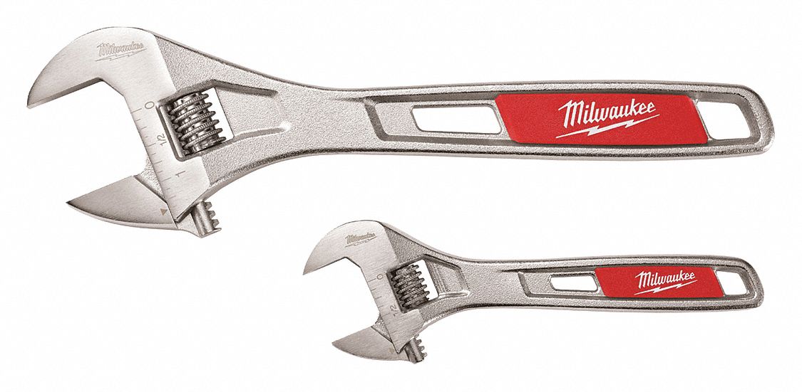 ADJUSTABLE WRENCH SET, ALLOY STEEL, CHROME, PLAIN GRIP, 6 IN TO 10 IN, 2 PIECES