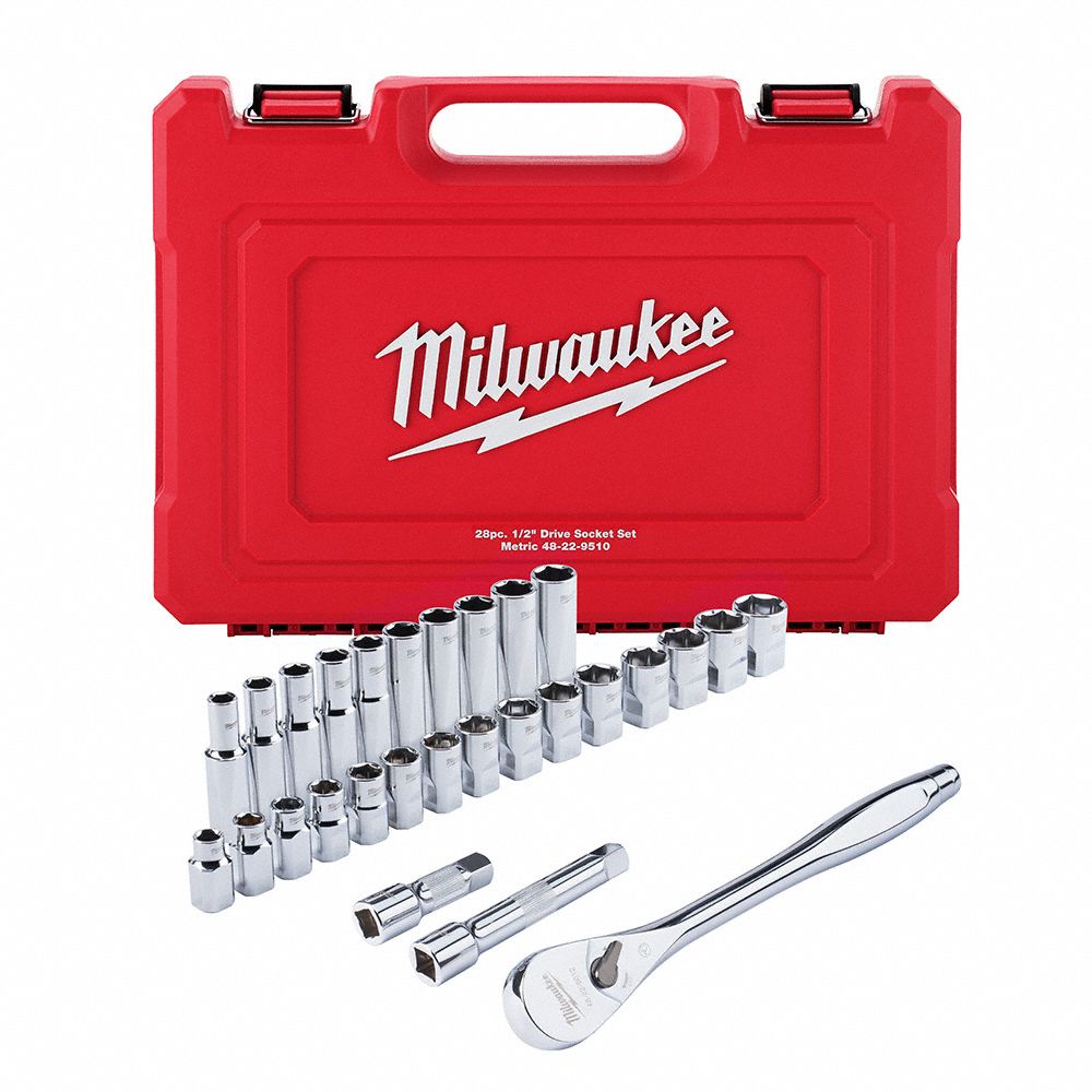 MILWAUKEE SOCKET WRENCH SET W RATCHET/EXTENSIONS, SAE, 1/2 IN